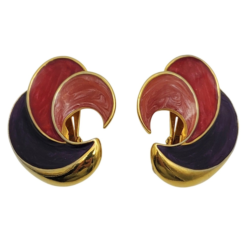 Avon Clip On Earrings Red Purple Enamel Multicolor Swirl of Color Chunky Vintage